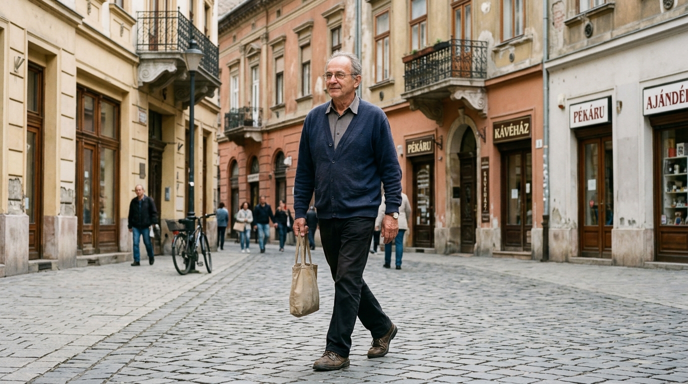Sétáló budapesti idősebb férfi egy gyalogosutcán